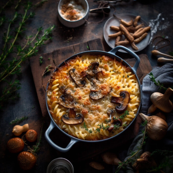 Fusilli gratinés aux champignons et cheddar